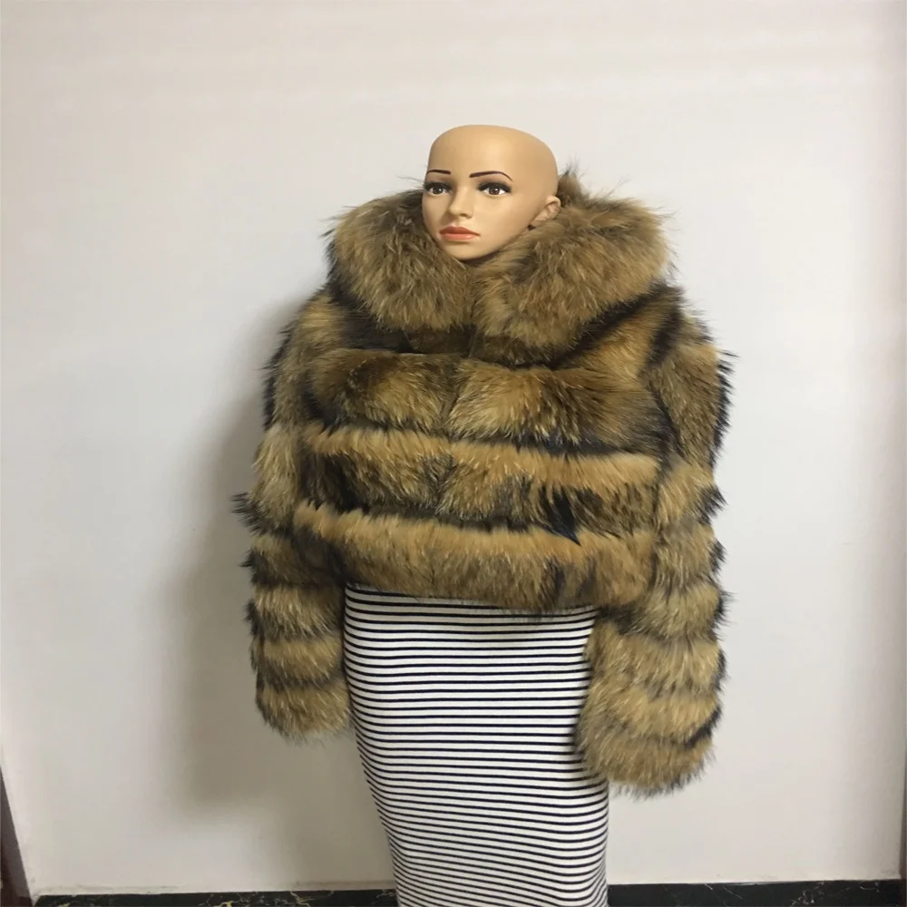 Ladys Fashion Raccoon Fur With Hood Coat Hot Selling