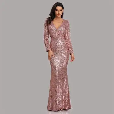  2021Women Elegant Sequins Bridesmaid Dresses Long Sleeve Mermaid Evening