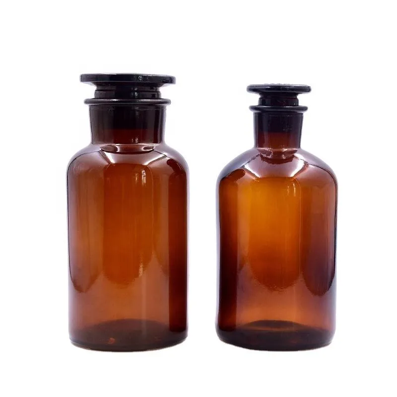 60ml 125ml 250ml 500ml 1000ml Wholesale Empty Lab Amber Wide Mouth Apothecary Glass Reagent Bottles With Glass Cork Stopper