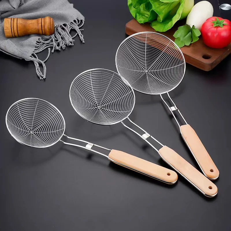 Лидер продаж кухонная утварь деревянная ручка Дуршлаг Из Нержавеющей Стали ковш сепаратор масла для жарки шумовка ситечко