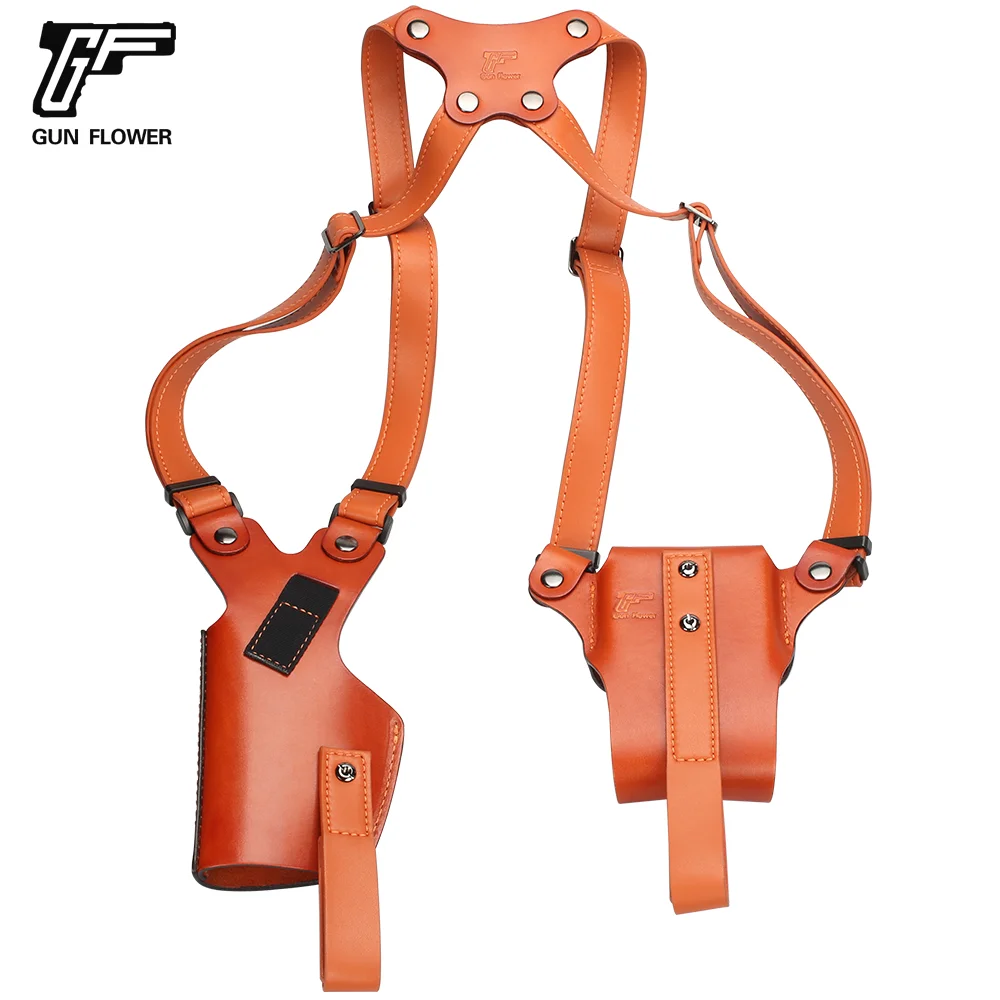 Gun&Flower Universal Leather Shoulder Holster Universal Holster+Double Mag Pouch Full Grain Leather Comfortable Carry