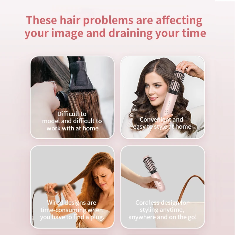 Cordless Rotating Portable Ionic 3-In-1 Hot Air Brush Volumizer Hair Dryer Brush Straightener Comb Blowout Brush