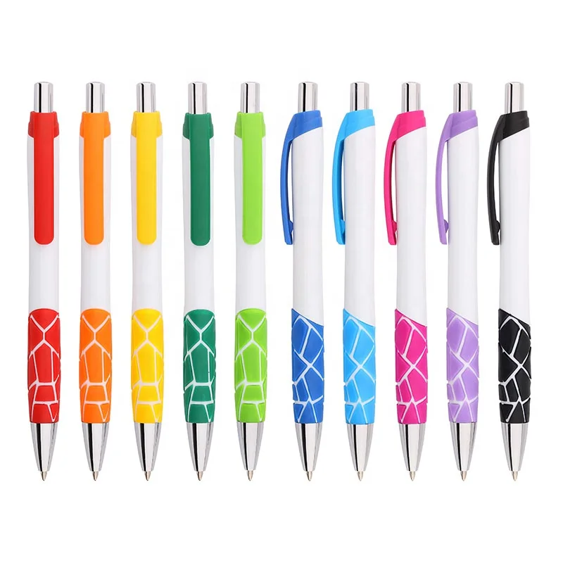 Personalized custom logo blank solid white plastic ballpoint pen with colorful divisive rubber grip