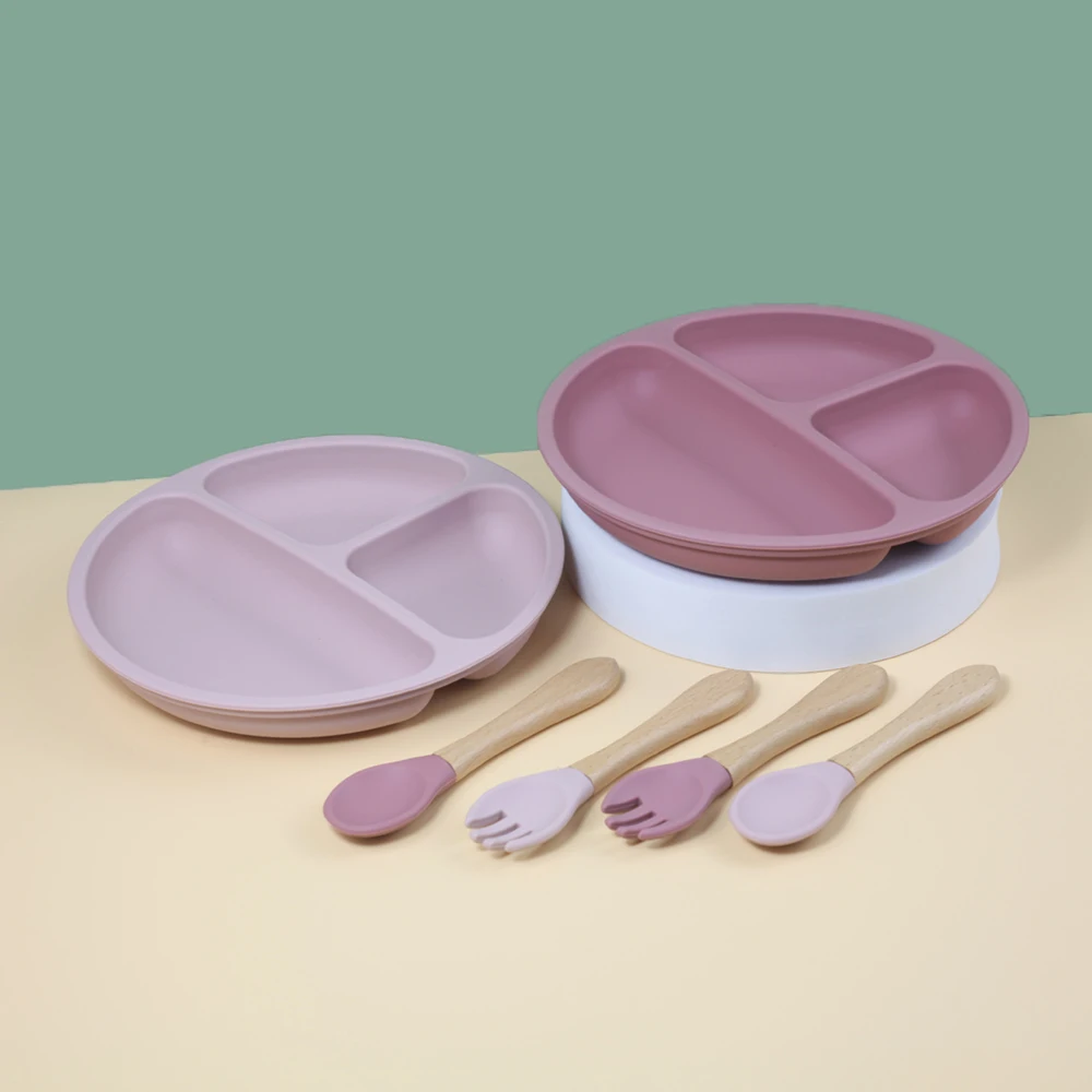 Safe Reusable Silicone Material Food Grade Safe Silicone Plate With Spoon And Fork With Wooden Handle