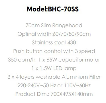 70cm Slim Rangehood with 65W capacitor motor