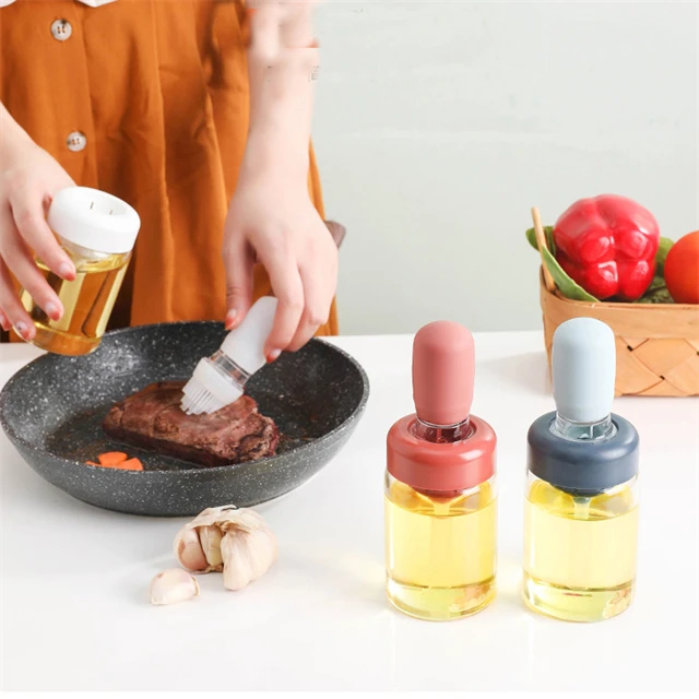 J709 Kitchen Cooking Baking BBQ Tools Glass Oil Dispenser Vinegar Bottle 2 in 1 Glass Oil Bottle With Silicone Brush