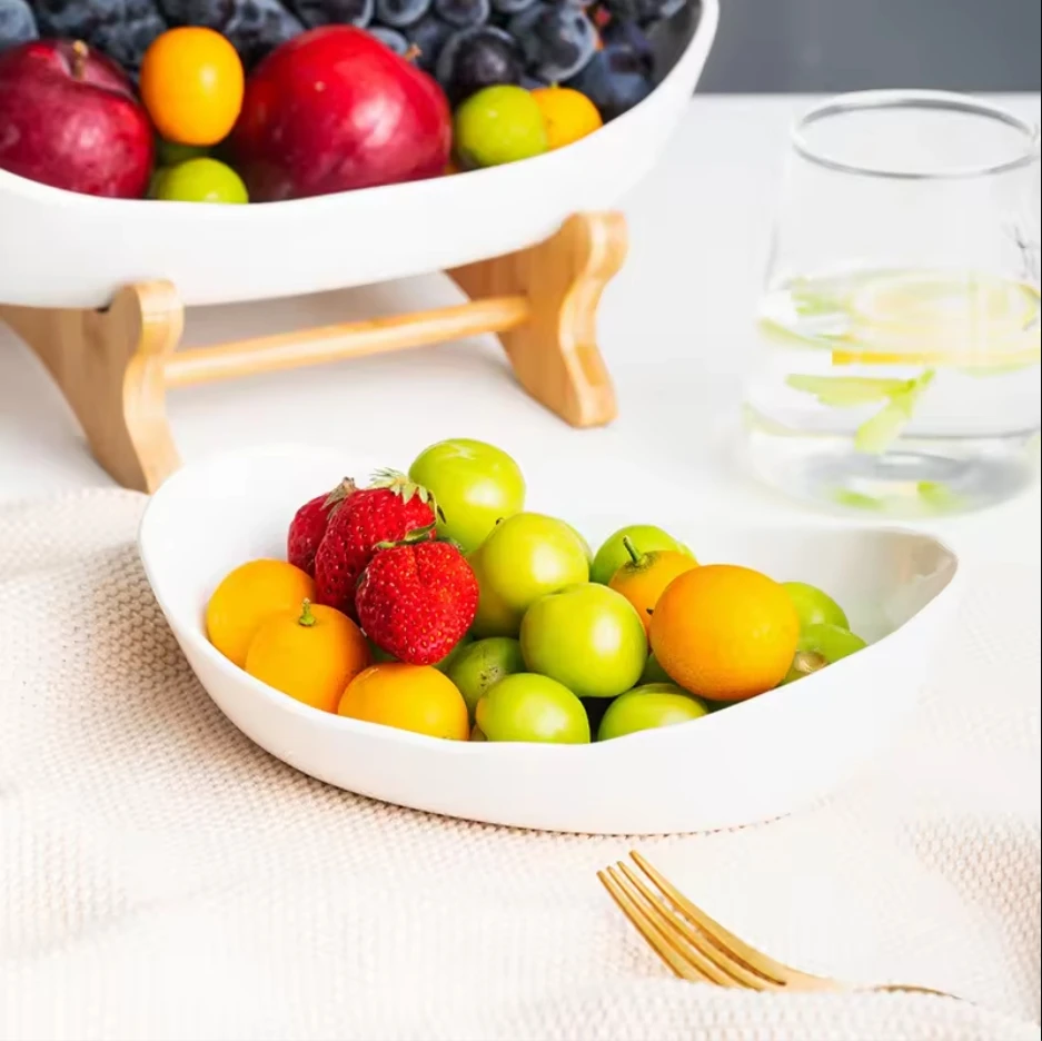 2024 Hot Selling Multi-Layered Ceramic Fruit Plate with Wood Rack for Kitchen OEM ODM Design Box Packed Storage Holders & Racks