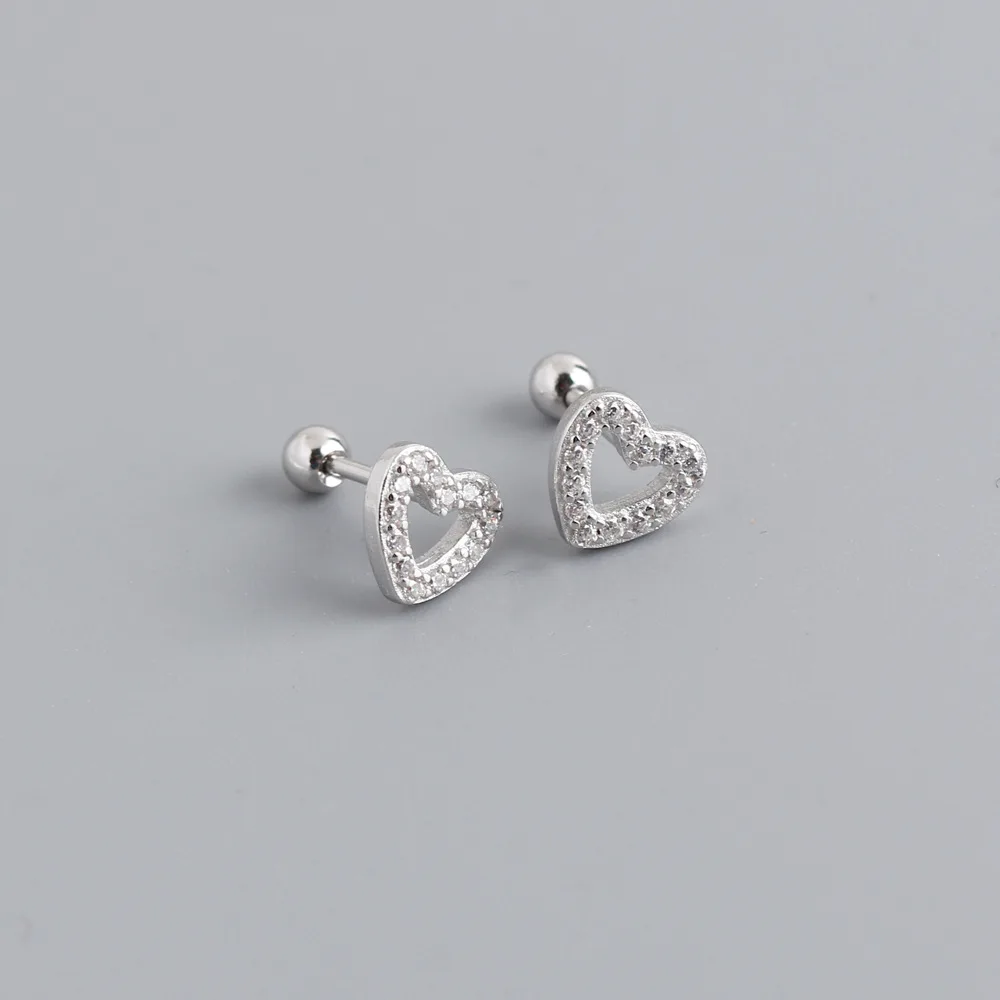 Cute Heart Love Stud Screw Earrings Gold Pated 925 Sterling Silver Hollow Out Zircon Heart Stud Earrings