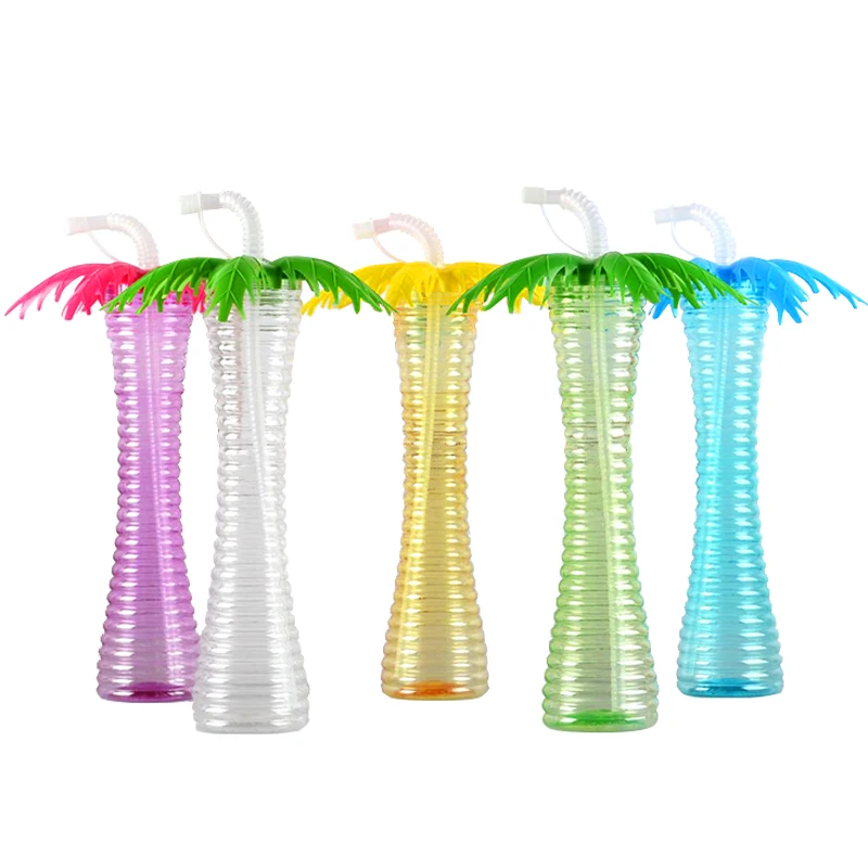 Hot sale plastic cocktail glasses 500ml coconut tree shape twist yard glass cup slush ice yard cups festival plastic with straw