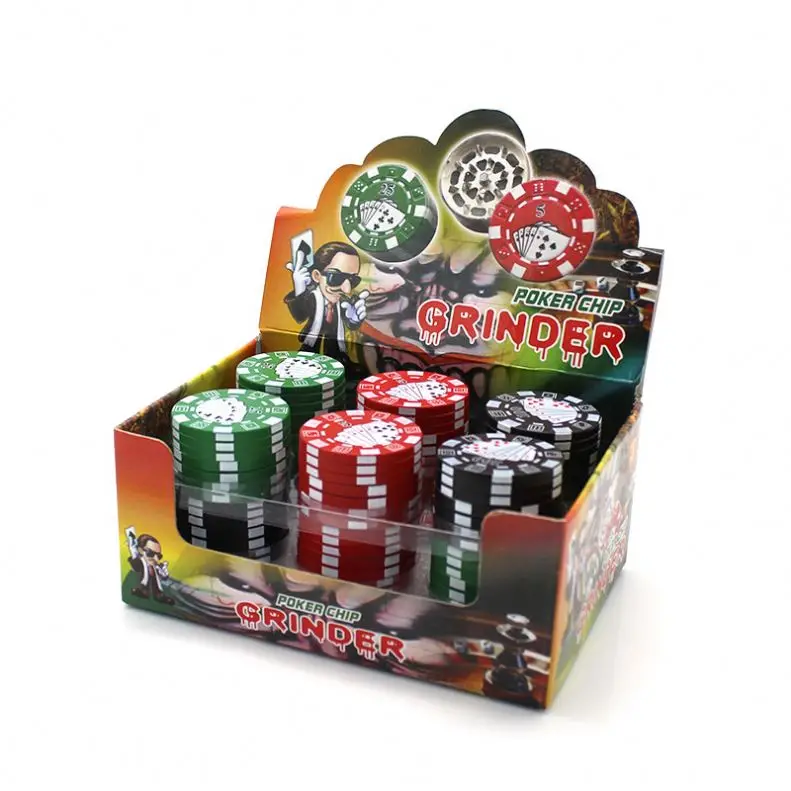 12pcs/lot 3 parts tobacco poker chip grinder 42.5*28 mm 38g 12 pcs per box Creative metal  plastic Portable fast smoking tools