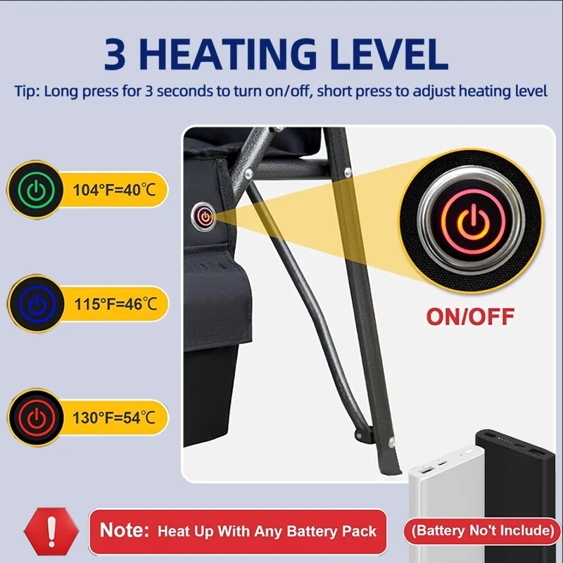 Seat Heating Cordless Winter General Use 3 Levels Heat 4 Pockets Outdoor Activities Sports Heated Camping Chair