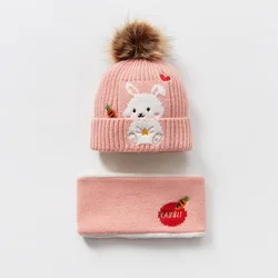 Wholesale Winter Kids Cartoon 100% Cotton Crochet Knitted Faux Fur Pom Pom Beanies Custom Label Toddle Baby Hats and Scarf Set