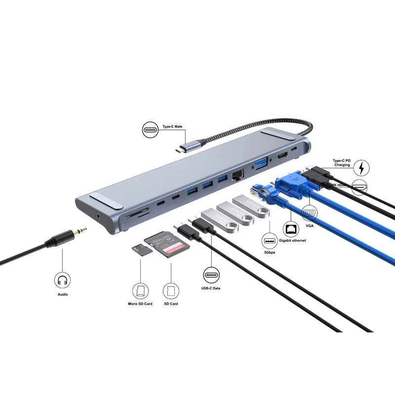 12 In 1 Multi Function Docking Station Type C To HD-MI USB3.0 PD Charging VGA Audio Usb-c Dock Laptop USB Hubs