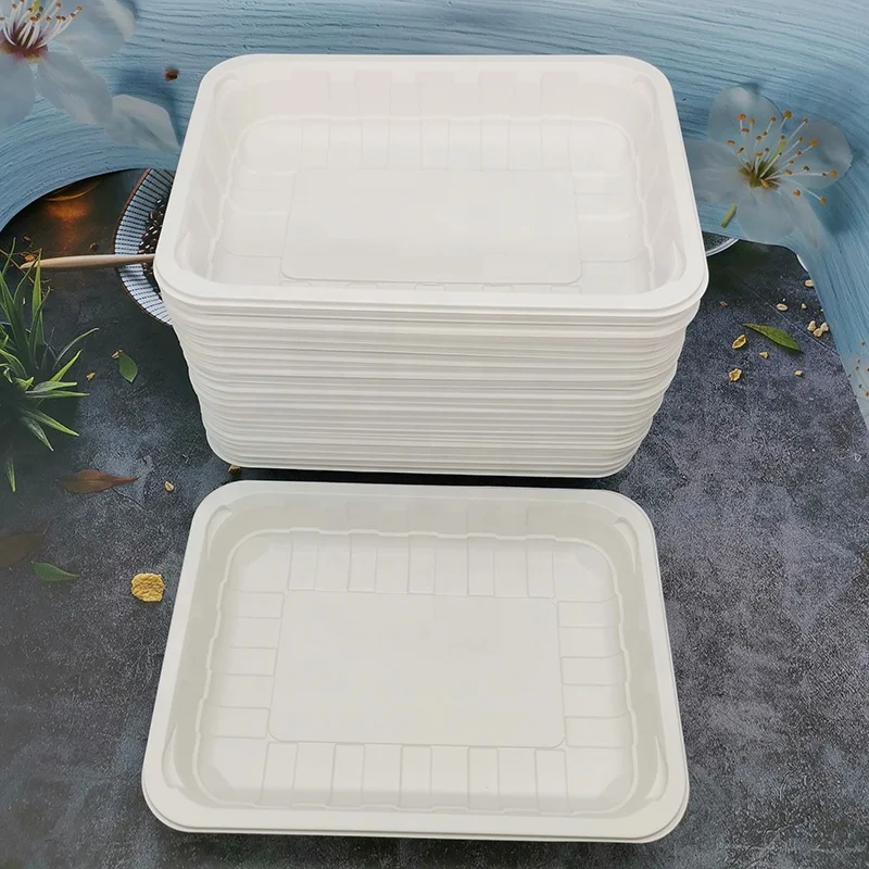 Take Away Cornstarch Biodegradable Disposable Takeaway Food Packing Plate Rectangle Sealable Sea Food Fresh Meat Packaging Trays