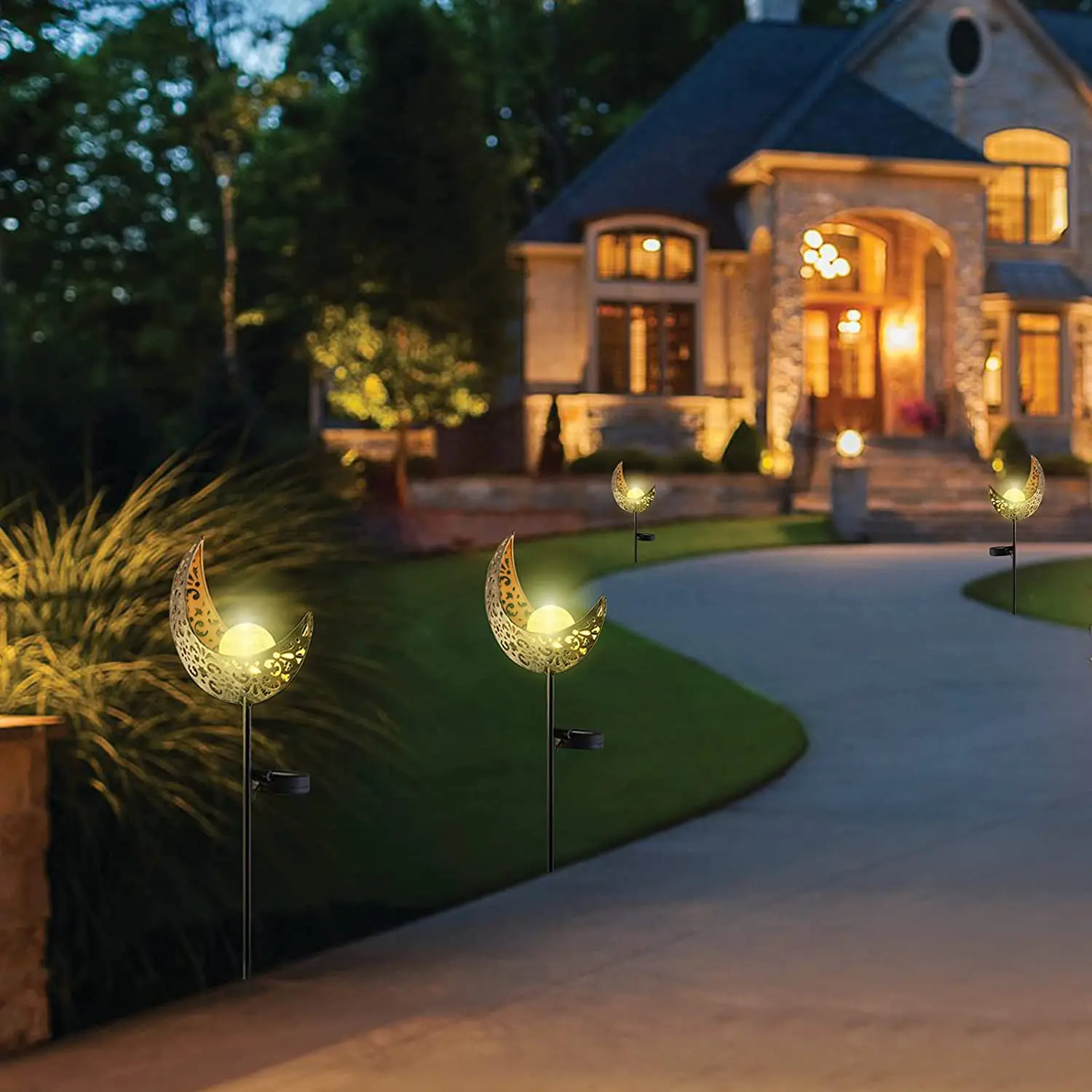 Warm White Outdoor Metal Bronze Moon Crackle Glass Globe Solar Powered Retro Stake Lights for Pathway Lawn Patio Courtyard Decor