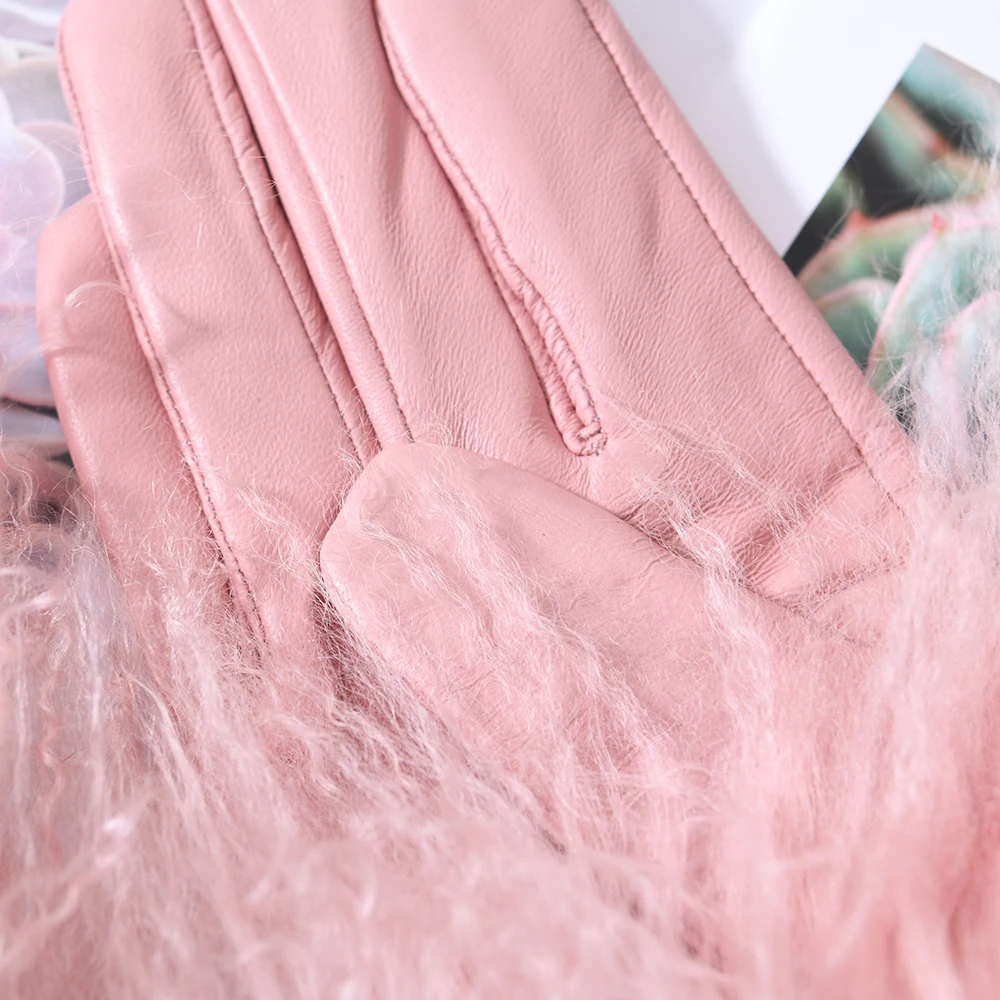 Outdoor Motorcycle Driving Wholesale Windproof Winter Genuine Sheepskin Mittens Real Lamb Fur Cuffs Women Custom Leather Gloves