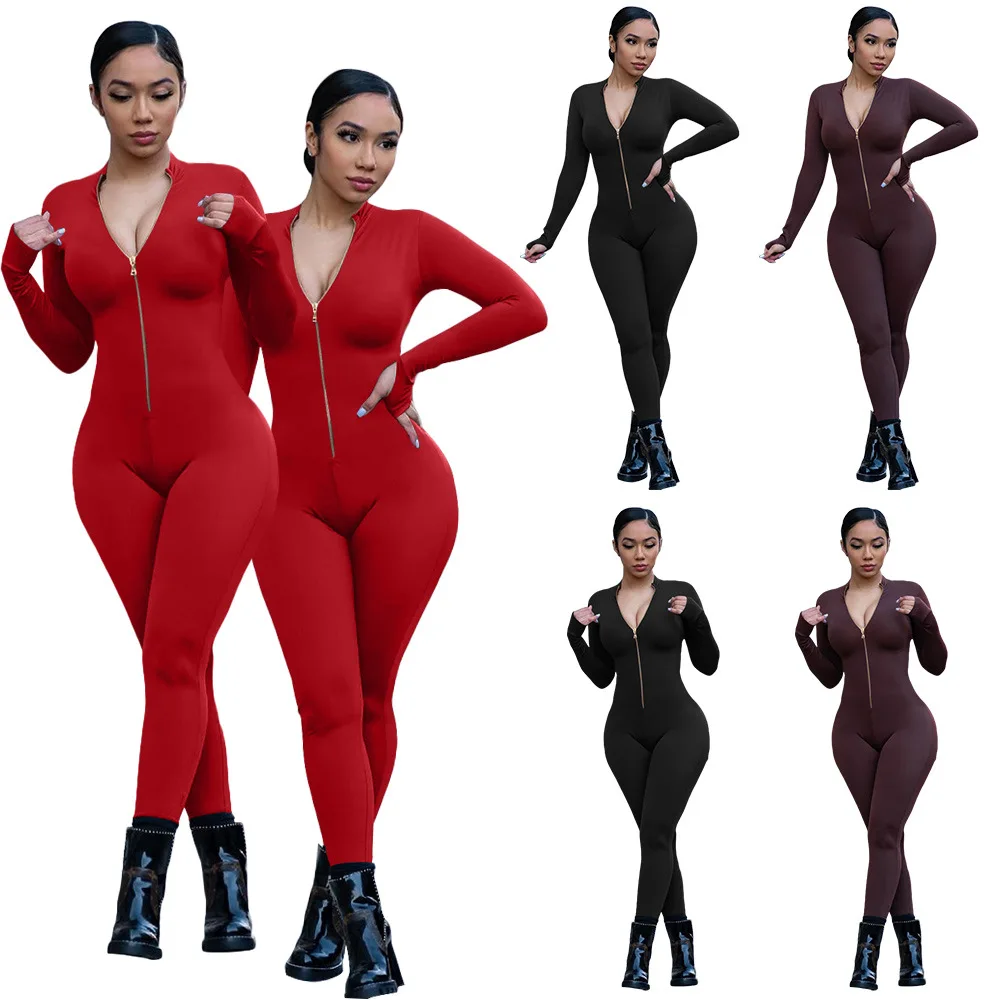 Casual Sexy Stretch Zipper Solid Bodycon Fall Jumpsuits For Sports Yoga Cloth Long Sleeve Jumpsuit Women