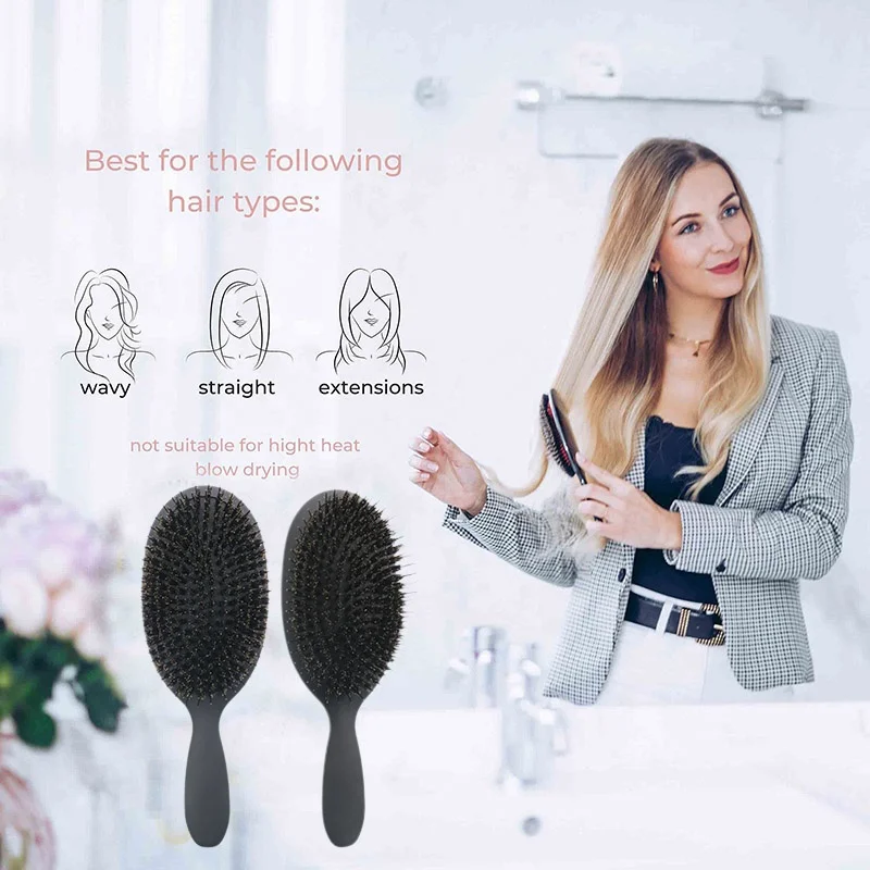 HEYAMO Rubber Finish Oval Plastic Boar Bristle Hair Brush Massage Use Paddle Boar Bristle Brush With Nylon Pin Comb L M S Size