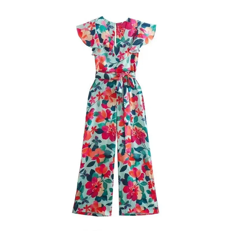 Chiffon V Neck High Waisted Jumpsuits With Long Pants 2022 Summer for Women Digital Floral Pattern Casual Jumpsuits