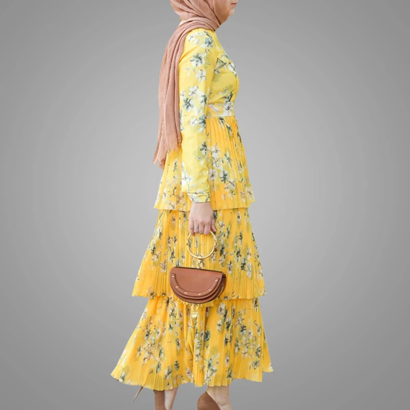 Fashion Flower Printed Long Sleeve Muslim Women Abaya Modest Fresh Islamic Clothing Kaftan Dress High Quality Muslim Abaya Jubah