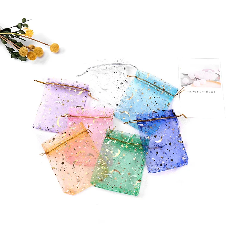 MIO Exquisite Organza Bag Gold Moon Stars Drawstring Gift Bag Present for Holiday Festival Kids Candy Gifts Storage Bags