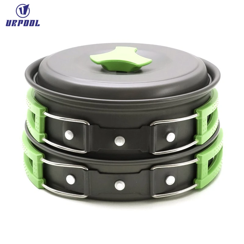 Portable Anodized Aluminum Camping Cookware Set with Green Handles Green Handles Frying Pans Outdoor Camping Amazon Exclusive