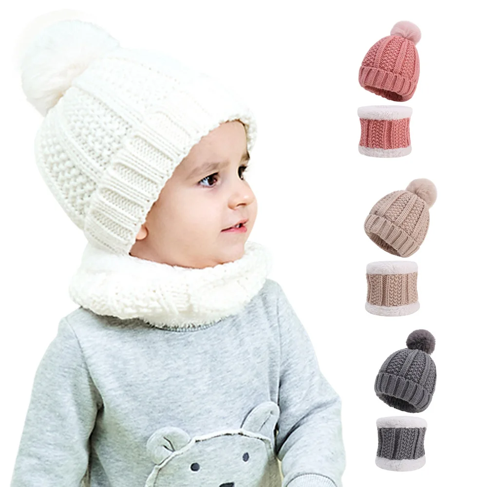 Kids Winter Hat and Scarf Sets Infant Baby Knitted Beanies Pompoms Hats Caps Scarves Children Crochet Bonnets