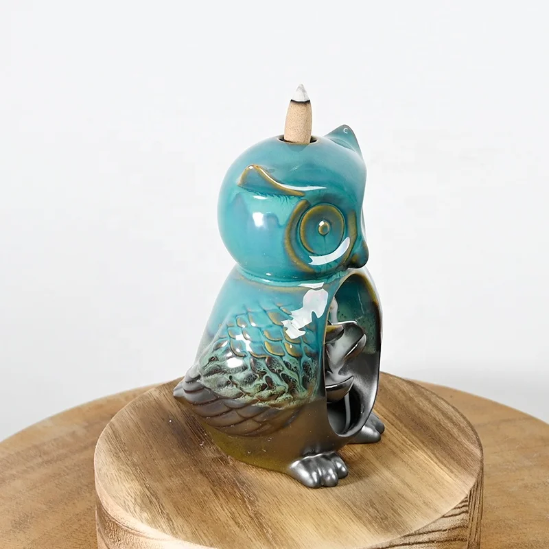 Blue glaze Owl style sculpture design incense cones waterfall Smoke Back Flow Ceramic Backflow Incense Burner