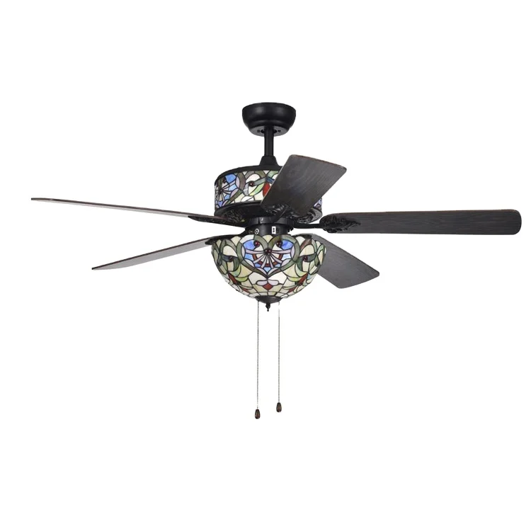 
Customized Tiffany Style matte black cheap price ceiling fan light led chandelier ceiling fan With 5Pcs Wood Blades 