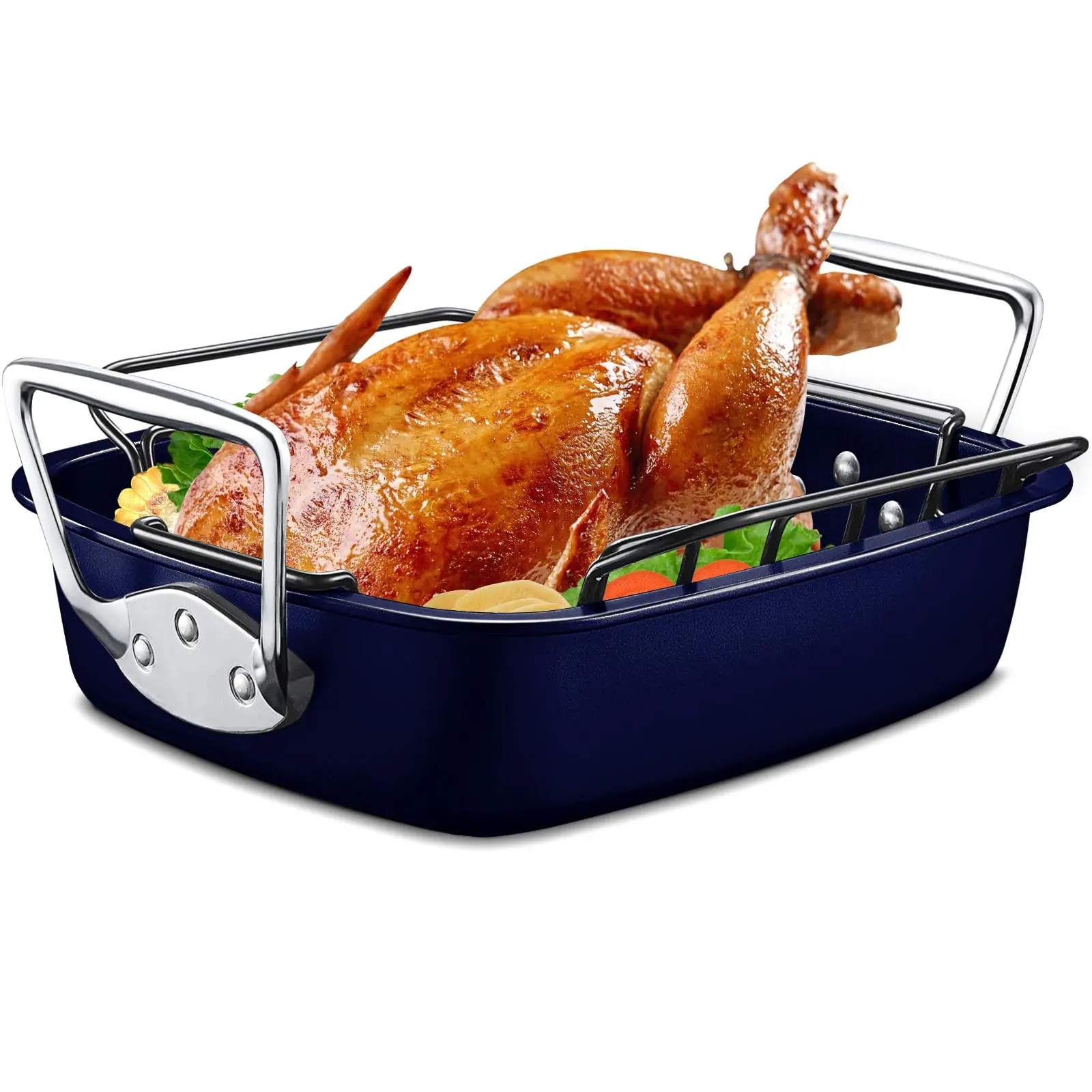 Nonstick Turkey Roasting Pan with Rack, 17 x 13 Inch Large Chicken Roaster Pan for Oven, Suitable for 25lb Turkey