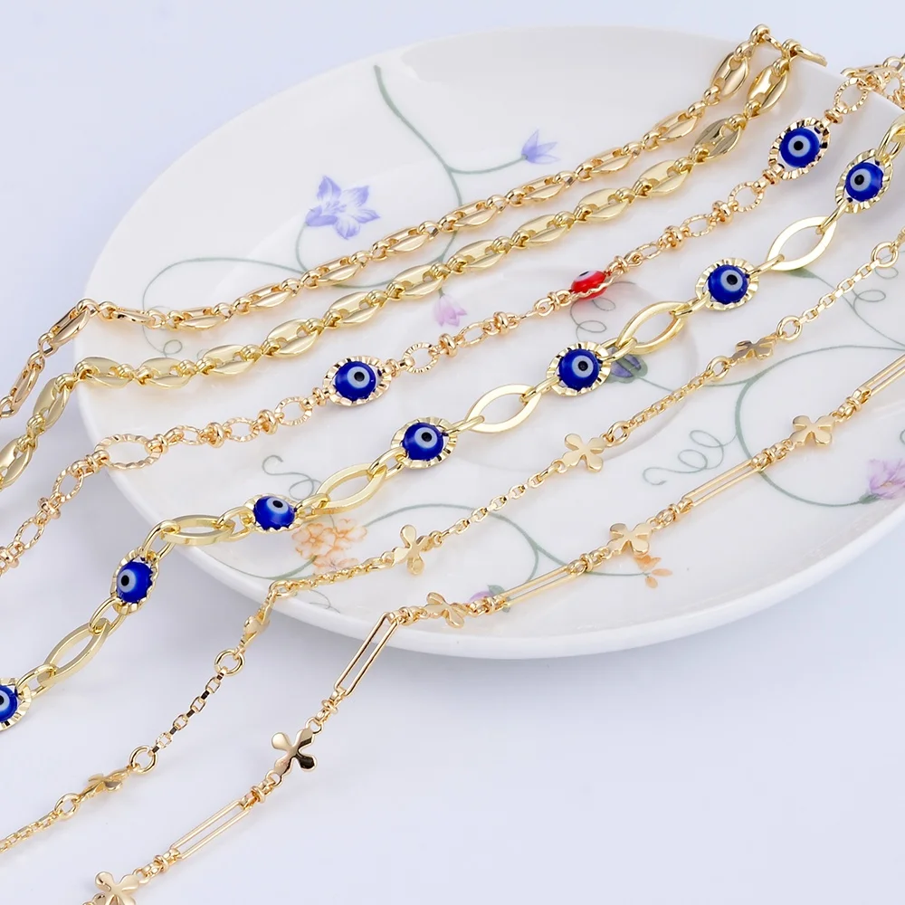 Wholesale Findings 18K Gold Bulk Chain Link for Jewelry Making Copper Curb Evil Eye Chain for Necklace Bracelet Anklet DIY Craft