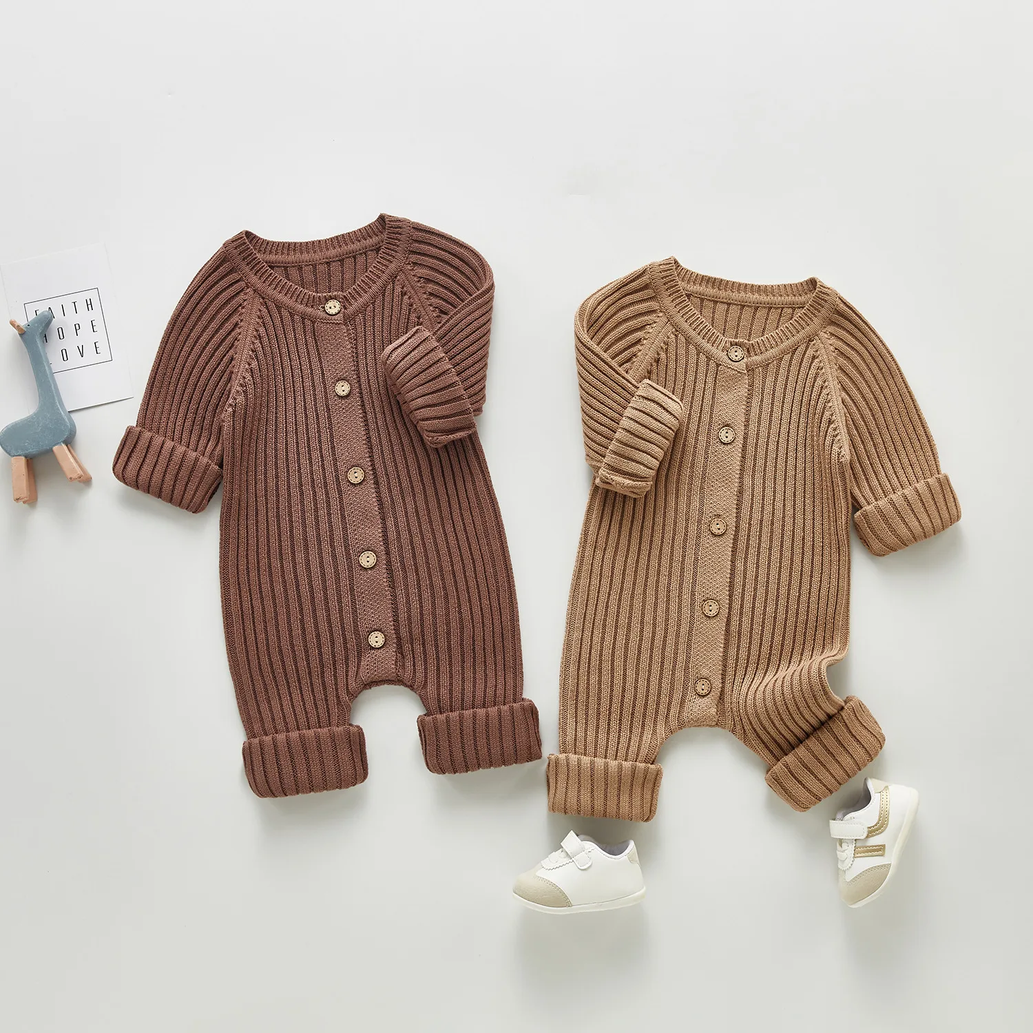 Wholesale Winter Baby Clothes Button Newborn Baby Romper Knitted Sweater Plain Jumpsuit for Kids Full Cotton OEM Service Unisex