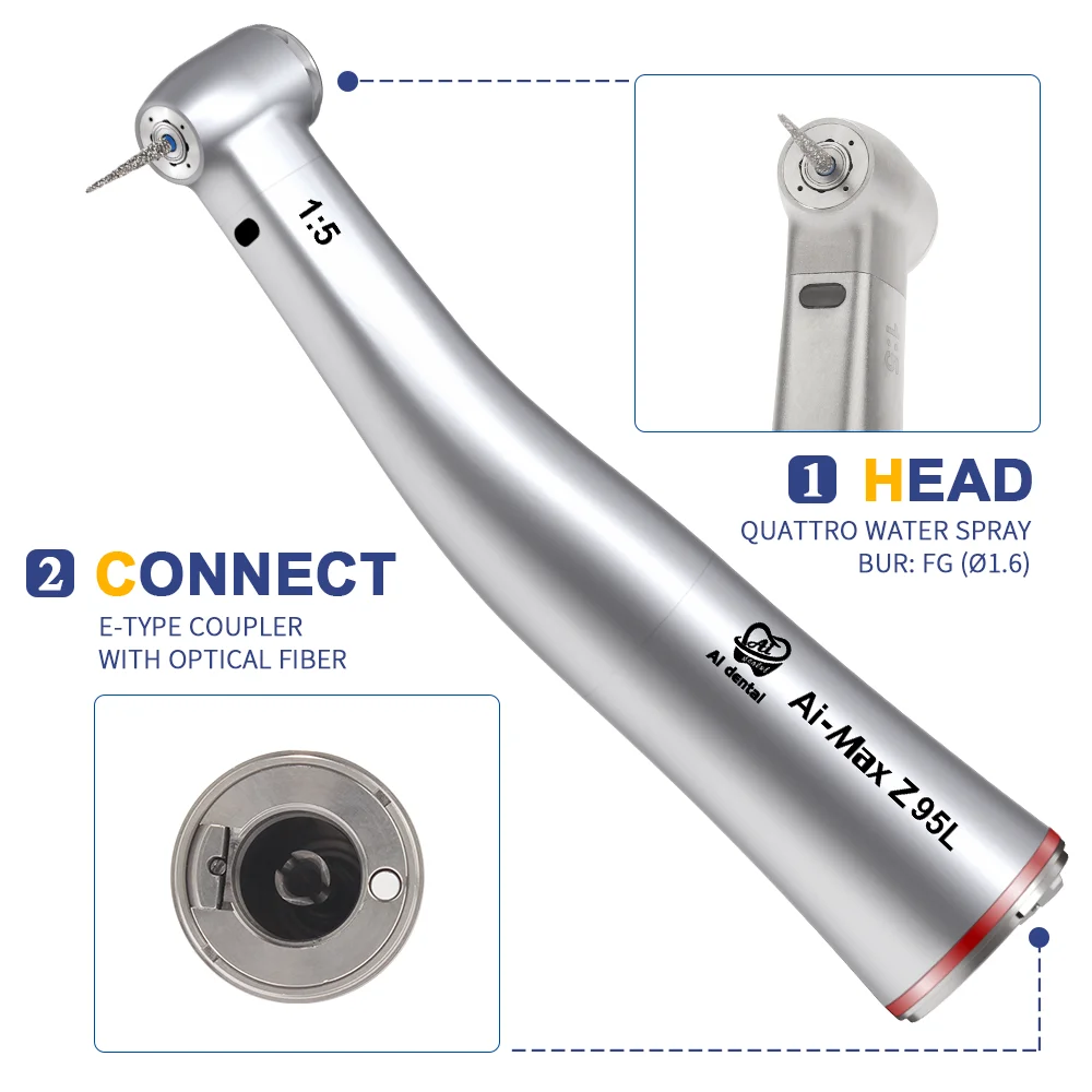Z95L Fiber Optical Dental Contra Angle 1:5 Increasing Speed Handpiece with Internal Water Spray Red Ring for FG Burs Top Quality