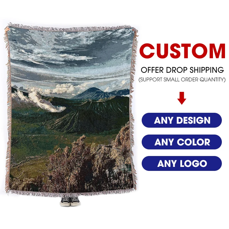 Big Sale Customized Woven Jacquard Bohemian Geometry Raschel Blanket Recycled Cotton Woven Throw Blanket