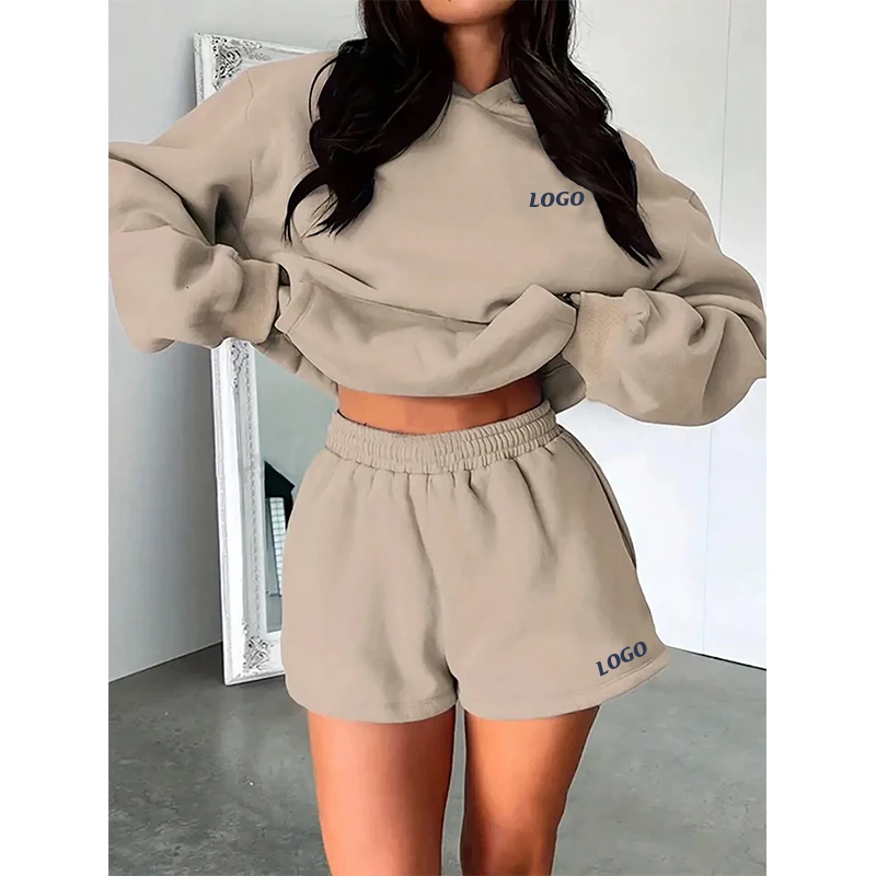 F240140 Custom Short Sets Two Piece Set Women Long Sleeve Plain Hoodie Sweatsuit And Gym Shorts Set Spring Clothes For Women