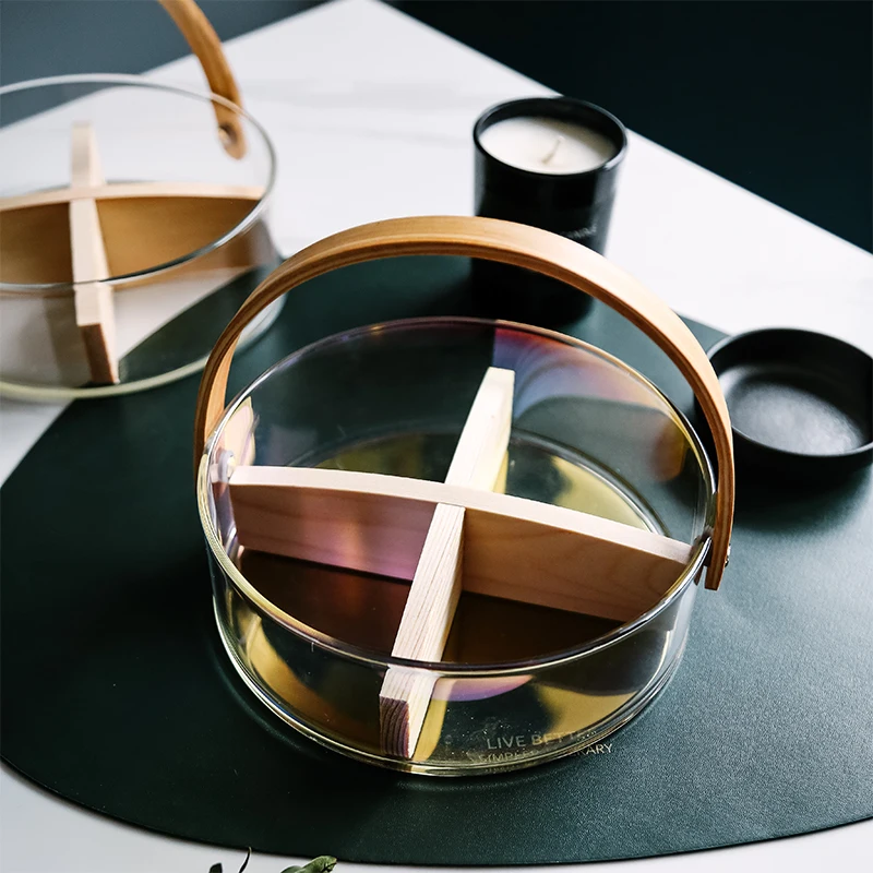 Wholesale Customized  OEM Tempered Ice Bucket Stackable Glass Fruit Storage Basket With Wooden Handle