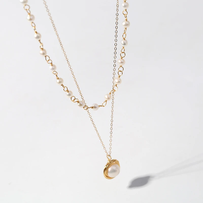 
Handmade 14K Gold Double Layer Freshwater Pearl Necklace For Women Jewelry Wedding 