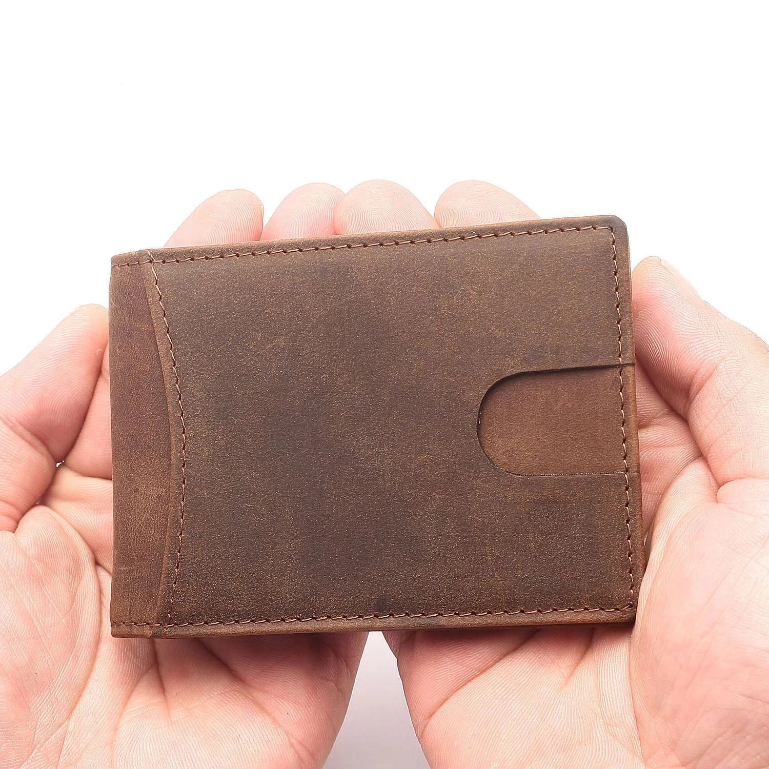 
Custom RFID Blocking Crazy Horse Leather Men Slim Money Clip Wallet 