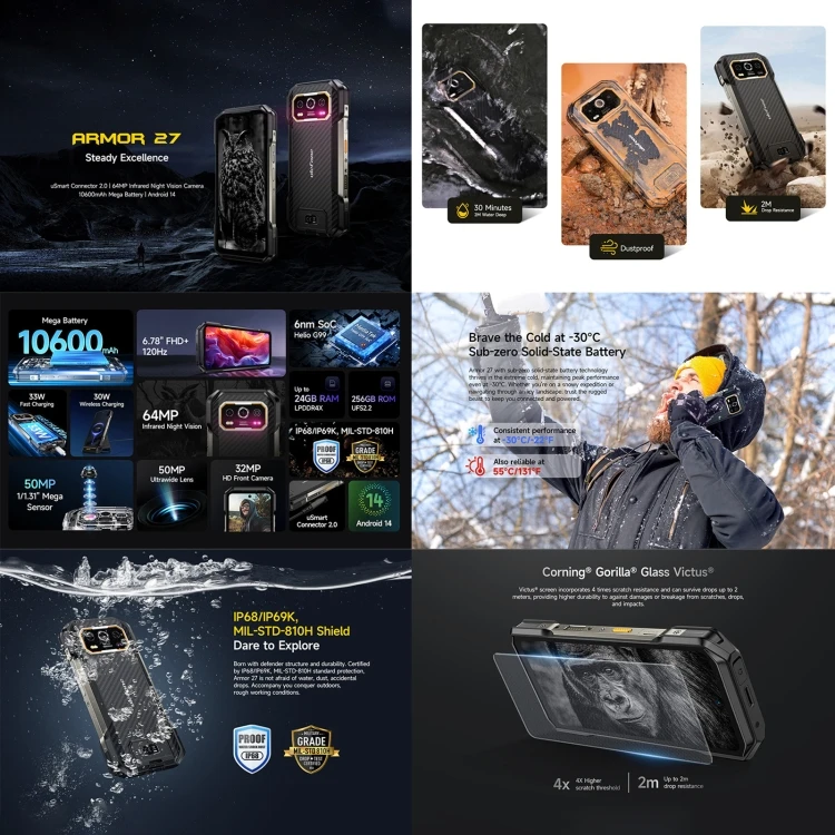 Ulefone Armor 27 прочный телефон 12 ГБ + 256 ночного видения 10600 мАч 6 78 дюймов Android 14 MediaTek Helio G99 Octa Core Сеть: 4G