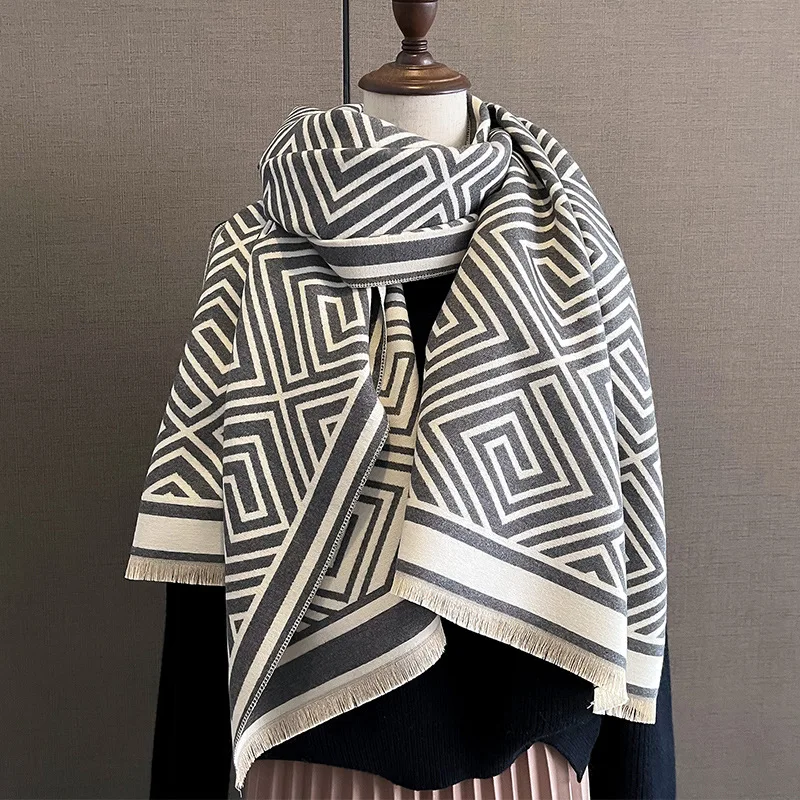 2023 new style geometric pattern thermal big stylish kerchief scarf poncho for winter