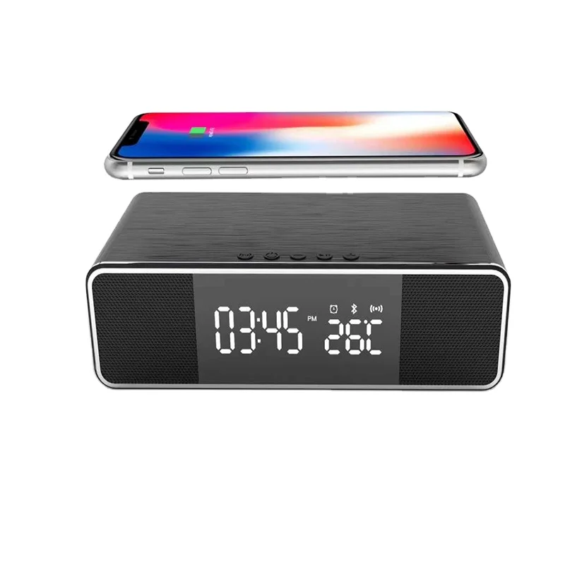 Digital clock and Qi wireless phone / pods charger with speaker, led desktop alarm clock with thermometer and time, Qi certified
