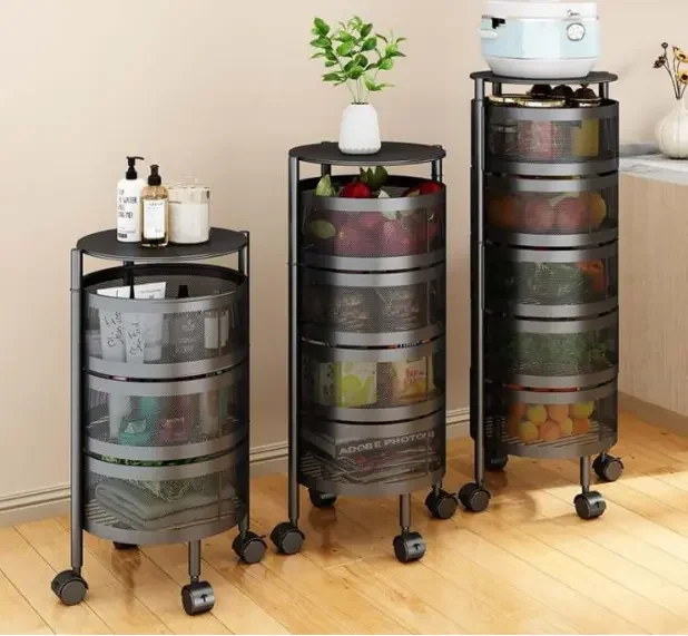 Square Round Basket Storage Rack Kitchen Rotating Storage Rack Fruit Vegetables Metal Storage Cages Cart With Wheels