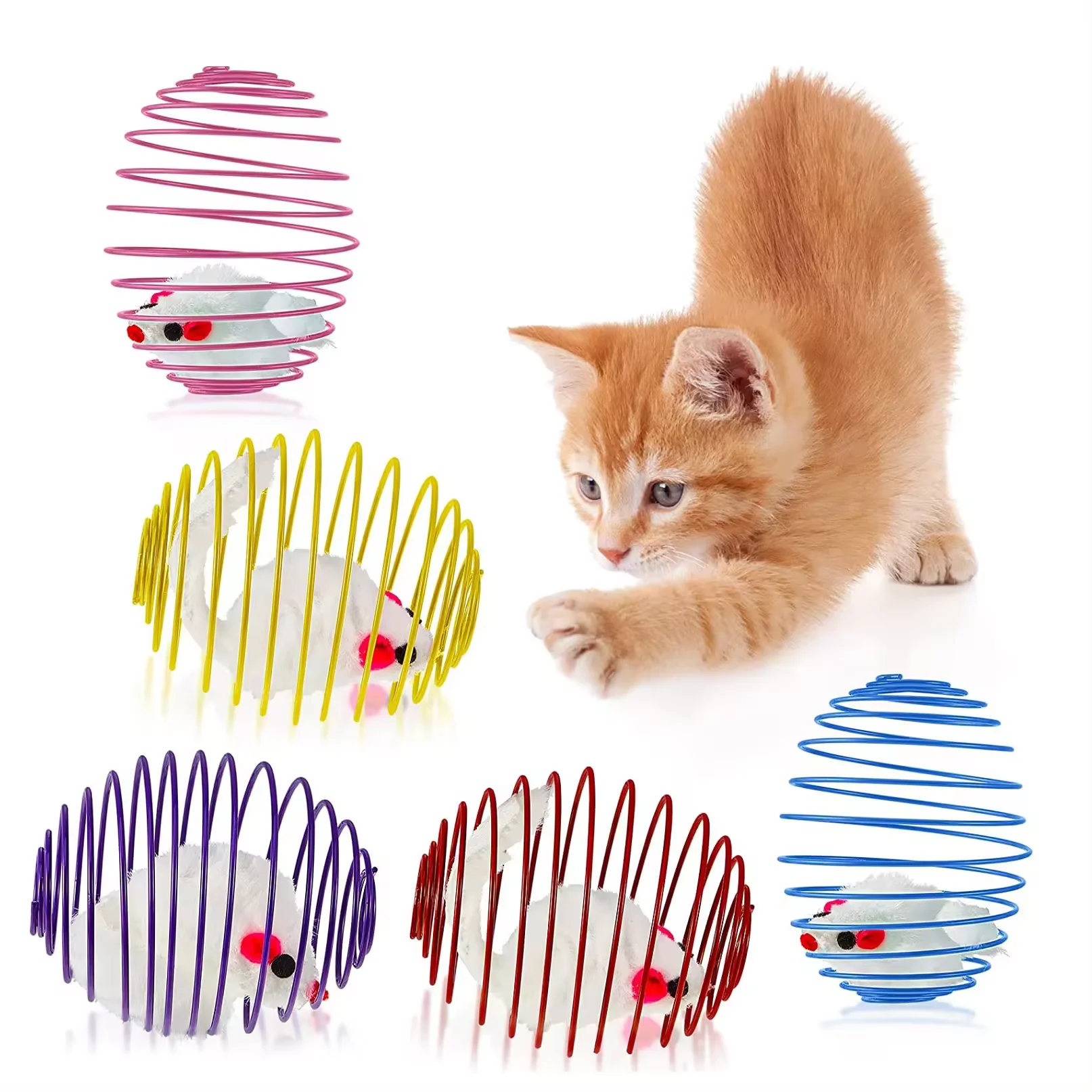 Cat Spring ball Retractable interactive cat toy Rolling cat ball Colorful playful coil spring action toy cage for mice