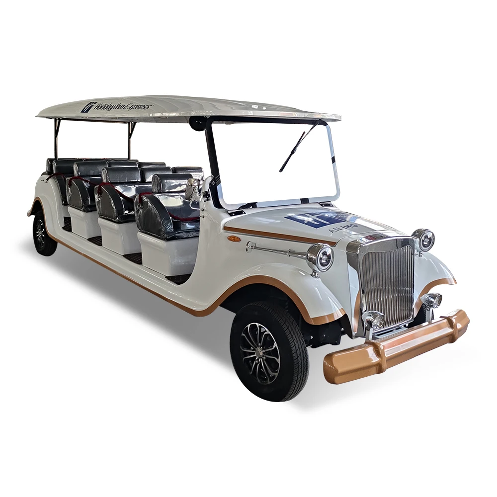 The square-head vintage classic car with golden trim in pure white, offering 6-14 seats,  and equipped with a lithium battery.