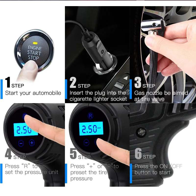 DC12V ABS Plastic Tire Inflator Car Air Compressor Car Cigarette Lighter Digital Tire Inflator Portable Inflatable Pump