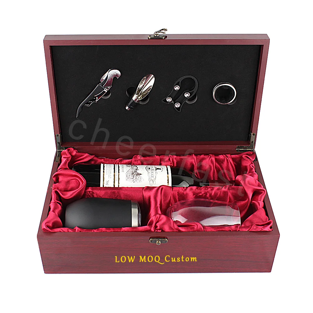 Good Idea Red Wine Double Wood Box Storage Carrying Case And 4pcs Tools Combo Set With Accessories Wine Bottle Wooden Gift Box