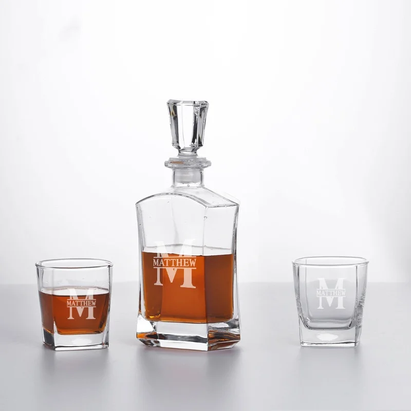 Custom Personalized Whiskey Decanter Set with Whisky Cooling Stones and Rock Glasses in Wooden Storage Box