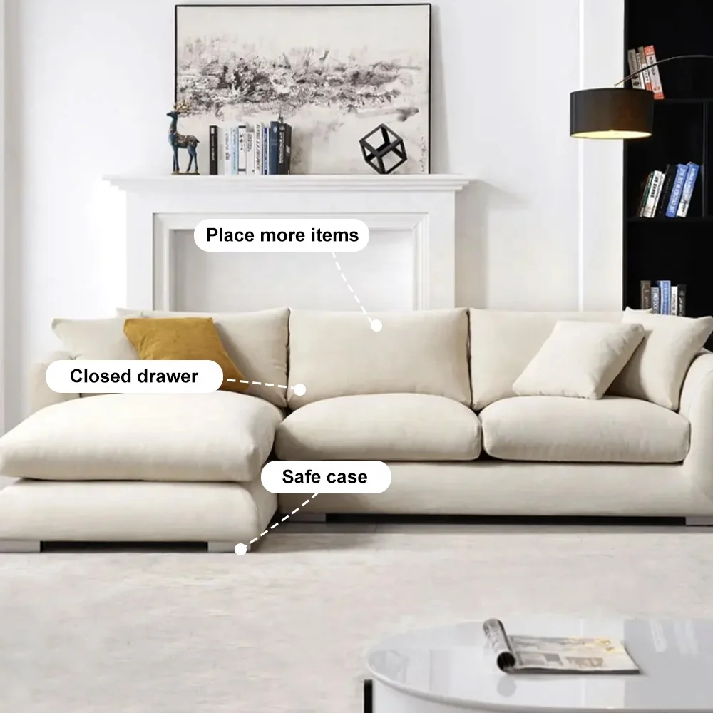 Modern Home Living Room Sofa Set Furniture White Linen Feather Cream Beige Fabric L Shaped Corner Modular Couches Sectional Sofa