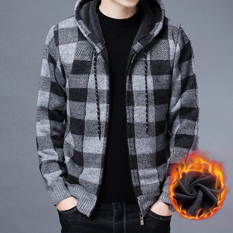 Plaid Hooded Cardigan Men Clothing Winter Knitted Cardigan Sweater Men Coats Fashion M-3XL 2022 Spring Clothing Casual Printed