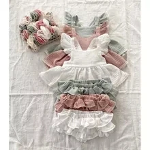 Newborn Baby Girl Clothes Set Solid Lace Ruffles Sleeve Backless Tops Toddler Shorts Outfits 100%